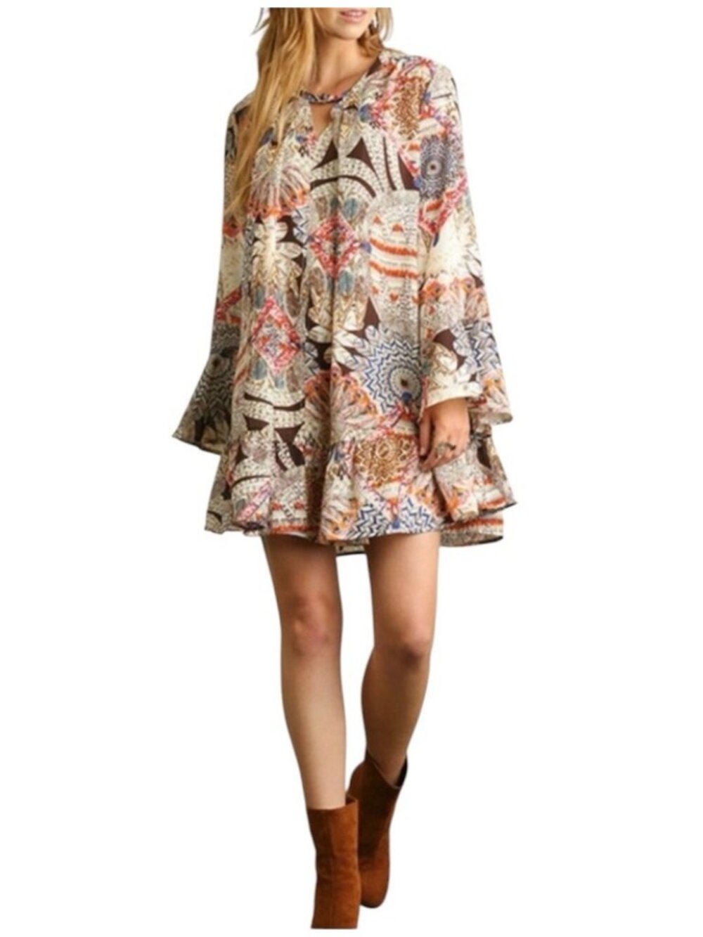 Umgee Bohemian Multicolor Printed Bell Sleeve Ruffle Hem Mini Dress Size Medium